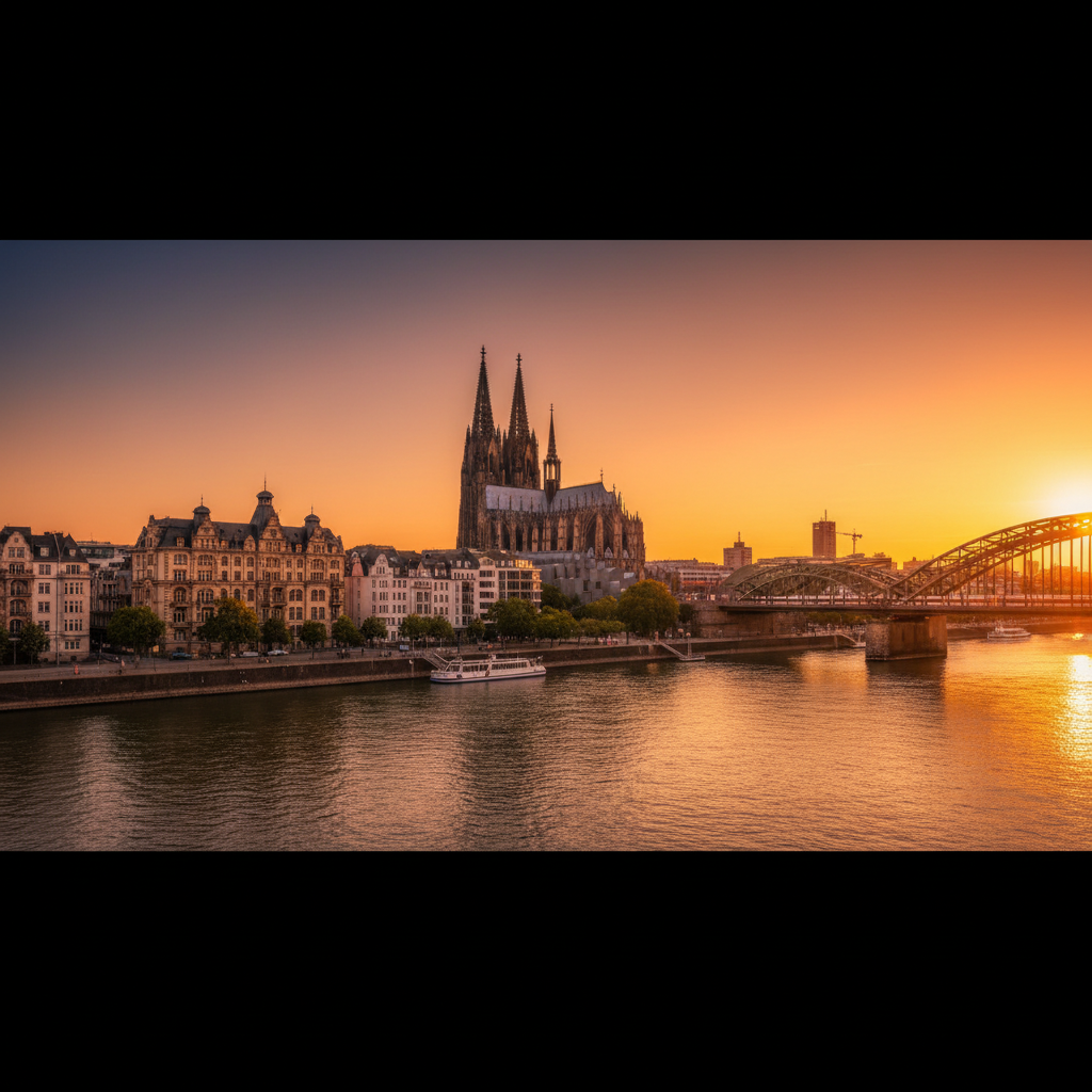 Köln Skyline mit Rhein und historischen Wohngebäuden